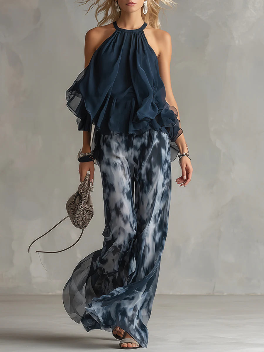 Sofia Conjunto de top con cuello halter y pantalones estampados de pierna ancha