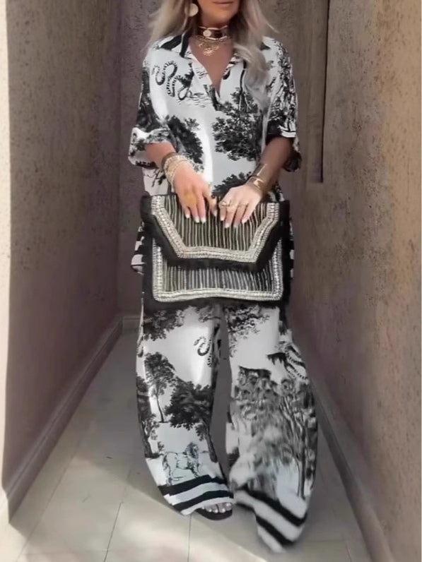 Conjunto Samantha de top com decote em V e calças de perna larga