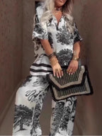Conjunto Samantha de top com decote em V e calças de perna larga