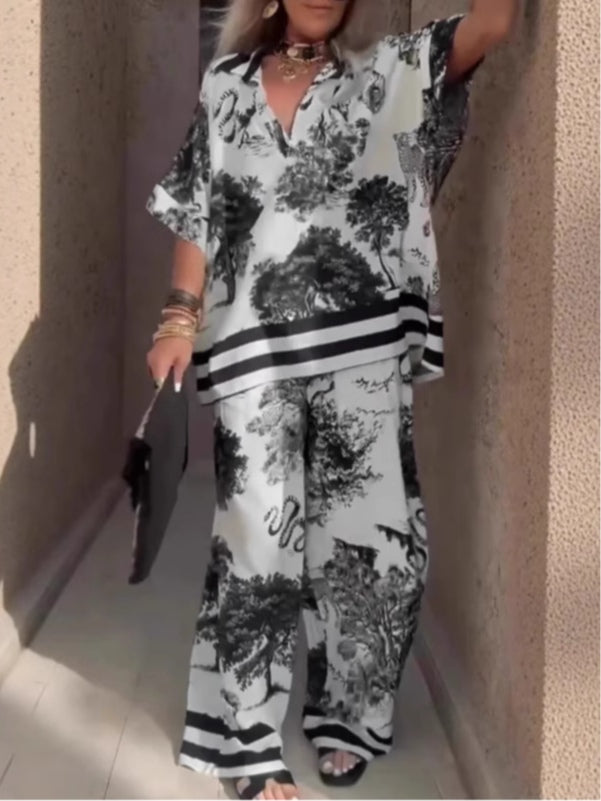 Conjunto Samantha de top com decote em V e calças de perna larga