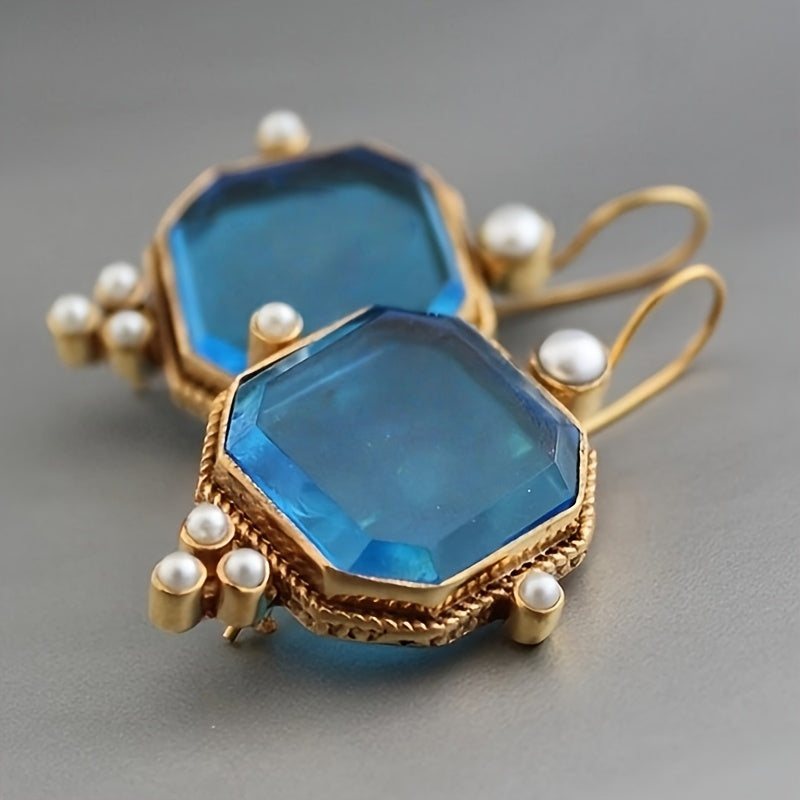 Vintage Blue Glass Accents Fleur De Lis Dangle Earrings