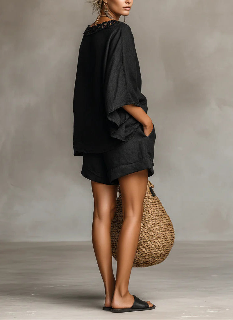 Conjunto de blusa de encaje con cuello barco y shorts Lila