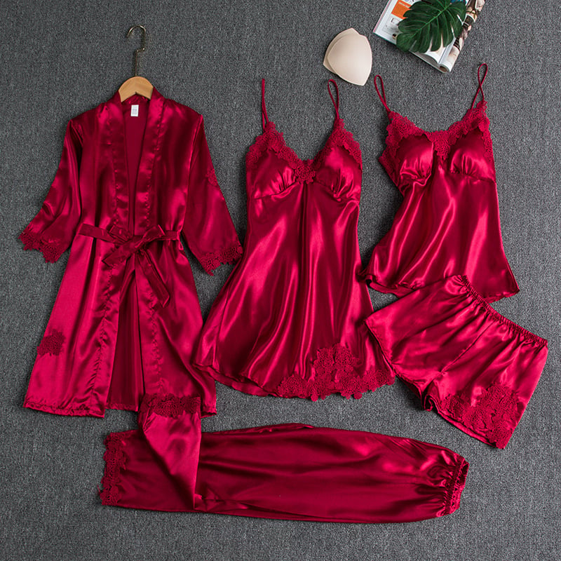 Rebecca | Conjunto de ropa de dormir de 5 piezas de seda con encaje