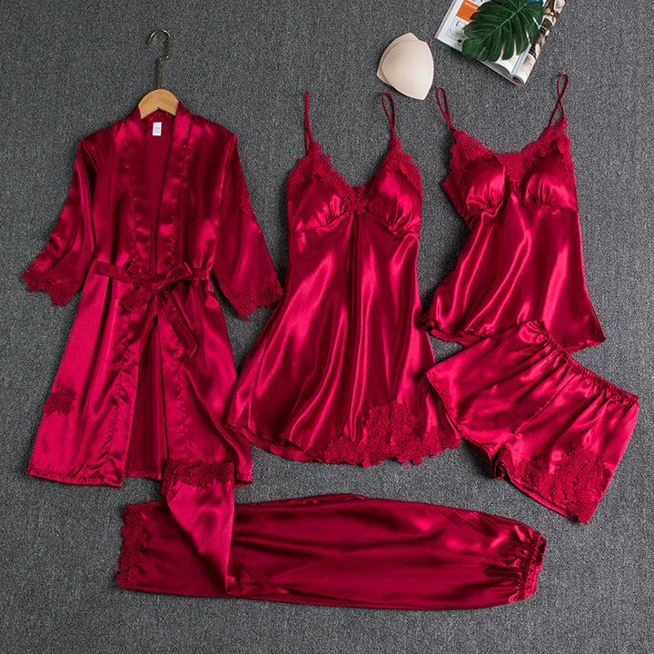 Rebecca | Conjunto de ropa de dormir de 5 piezas de seda con encaje