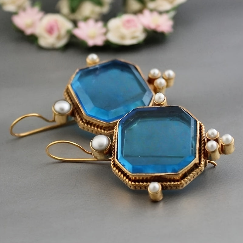 Vintage Blue Glass Accents Fleur De Lis Dangle Earrings