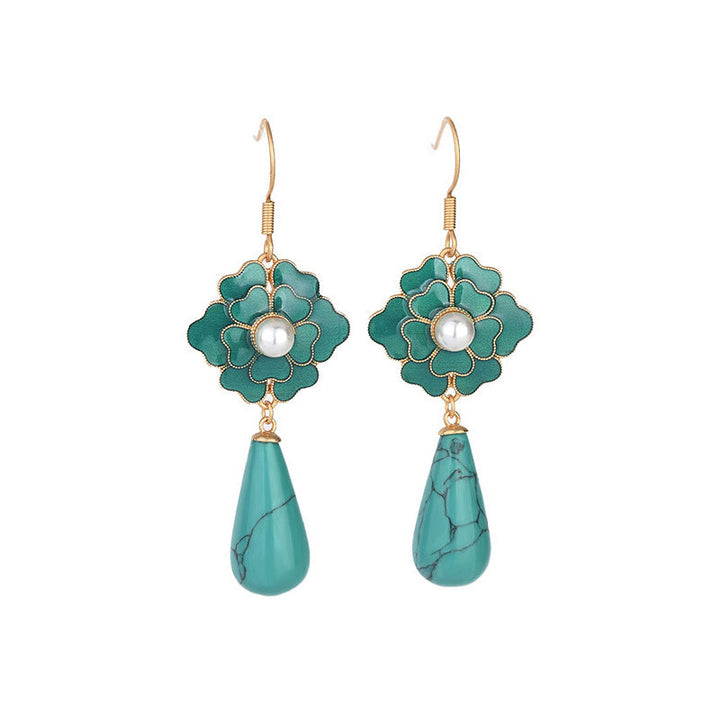 Elegant Vintage Turquoise Floral Design & Pearl Drop Earrings