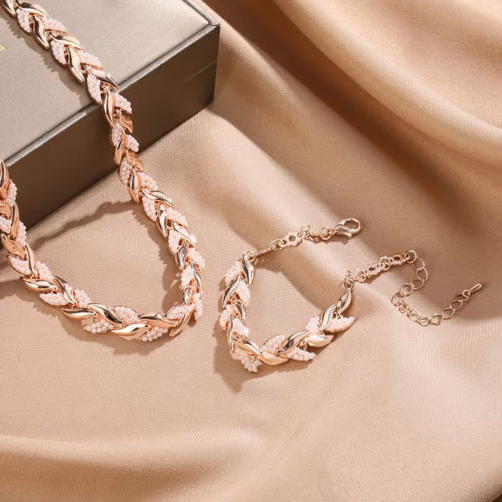 Rose Gold Leaf Chain Necklace & Bracelet Set