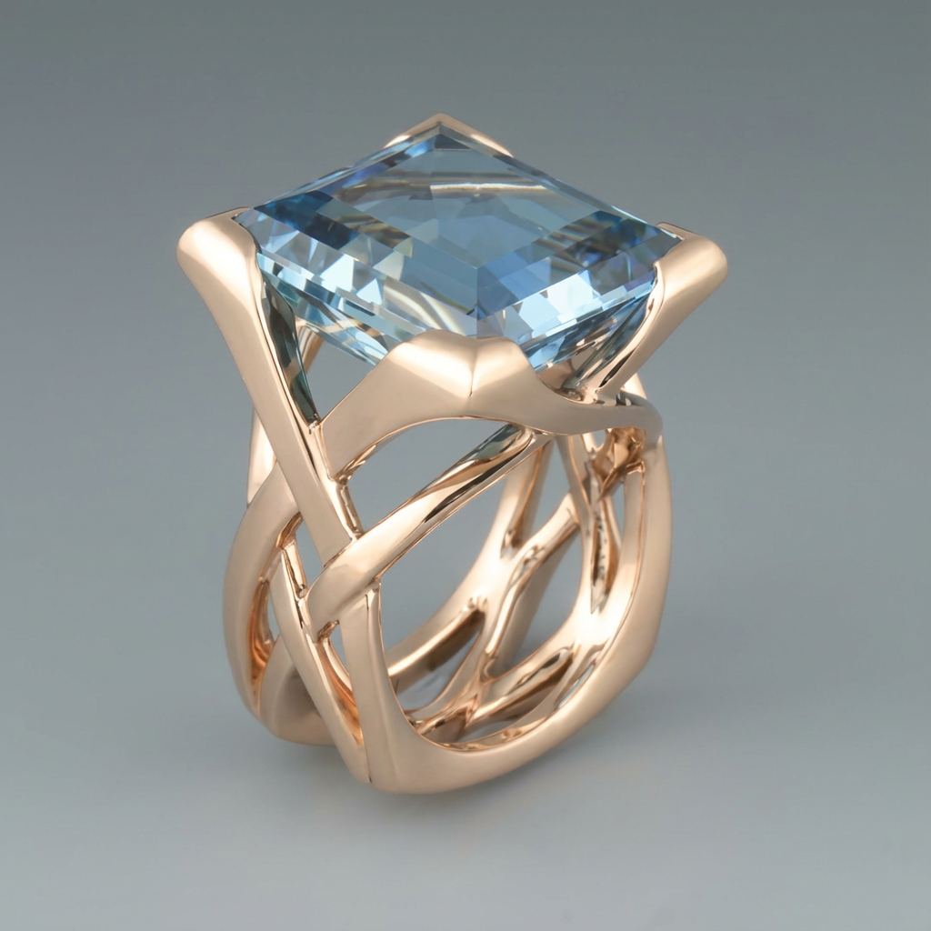 Anel vintage em ouro rosa com zircónias azuis