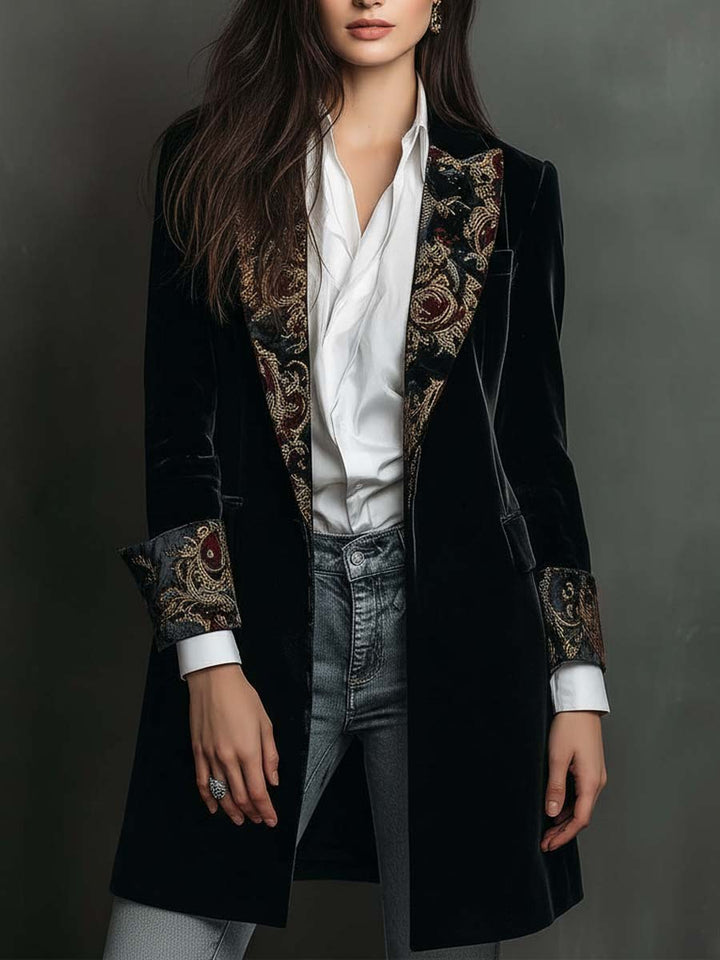 Alana - Women's Black Baroque Print Lapel Slim Fit Blazer