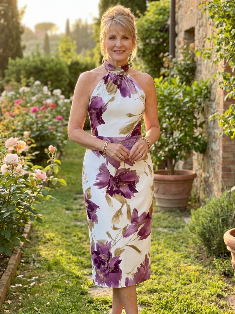 Zinnara | Vestido midi con cuello halter y estampado floral