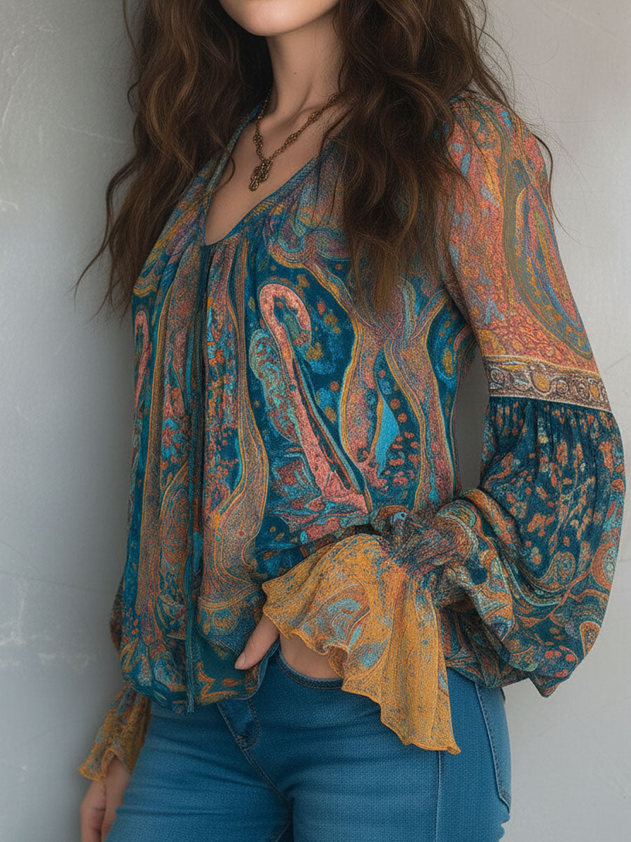 Sara™ | Blusa bohemia de gasa con estampado de cachemira en tonos teal y ámbar con puños con volantes  
