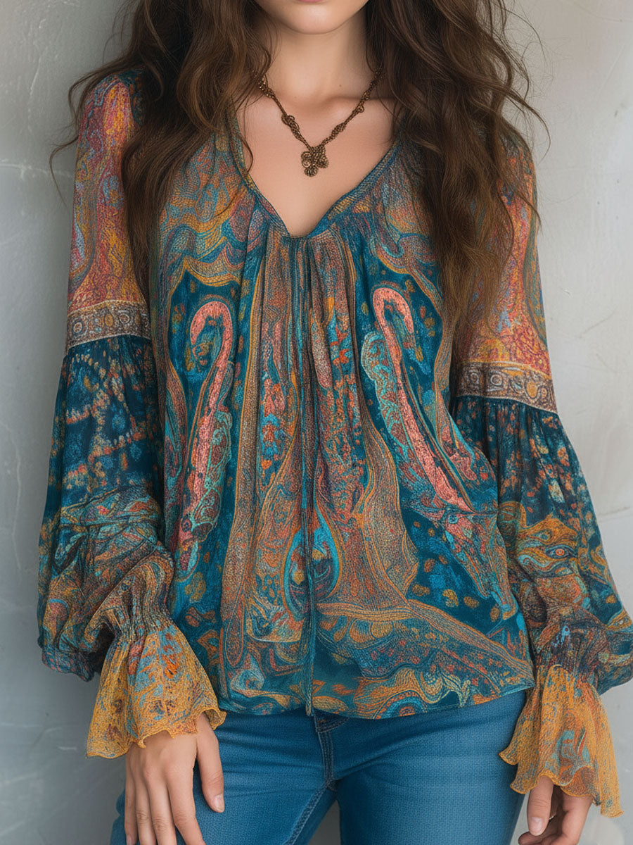 Sara™ | Blusa bohemia de gasa con estampado de cachemira en tonos teal y ámbar con puños con volantes  