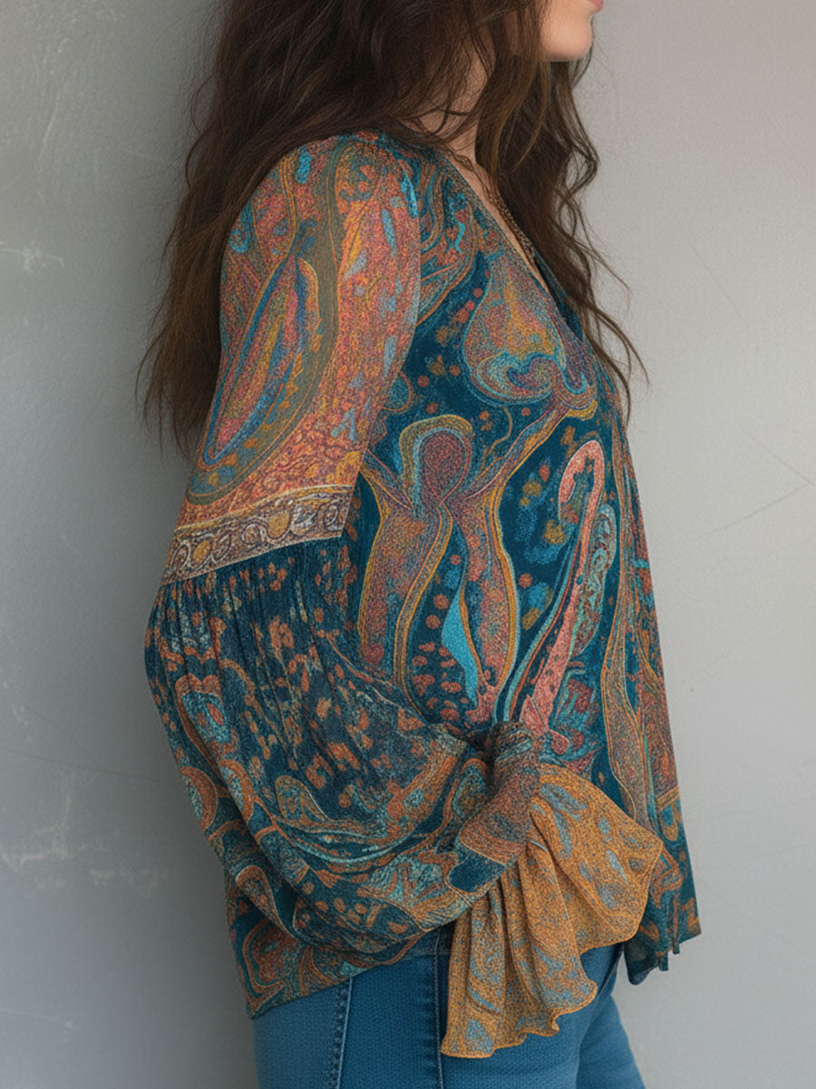 Sara™ | Blusa bohemia de gasa con estampado de cachemira en tonos teal y ámbar con puños con volantes  