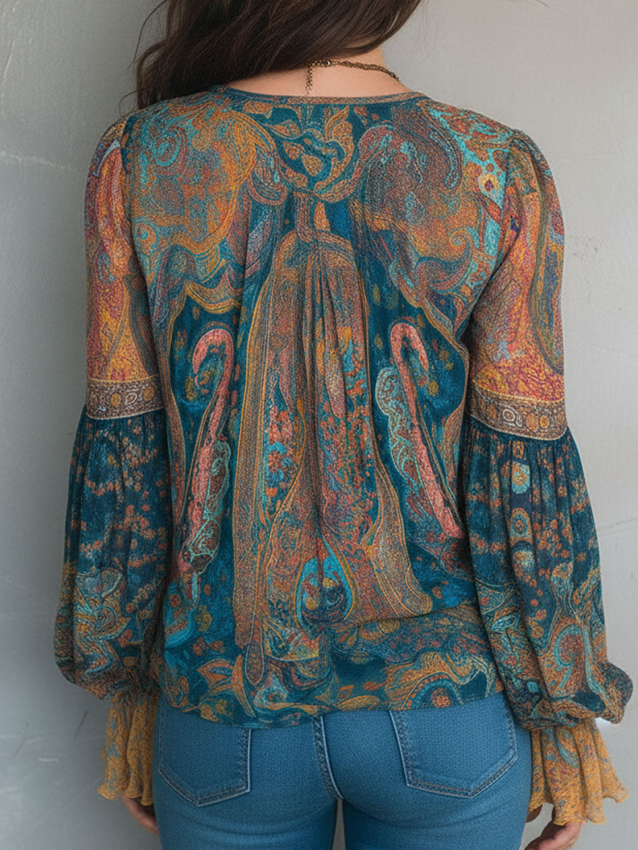 Sara™ | Blusa bohemia de gasa con estampado de cachemira en tonos teal y ámbar con puños con volantes  