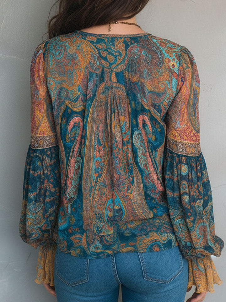 Sara™ | Blusa bohemia de gasa con estampado de cachemira en tonos teal y ámbar con puños con volantes  