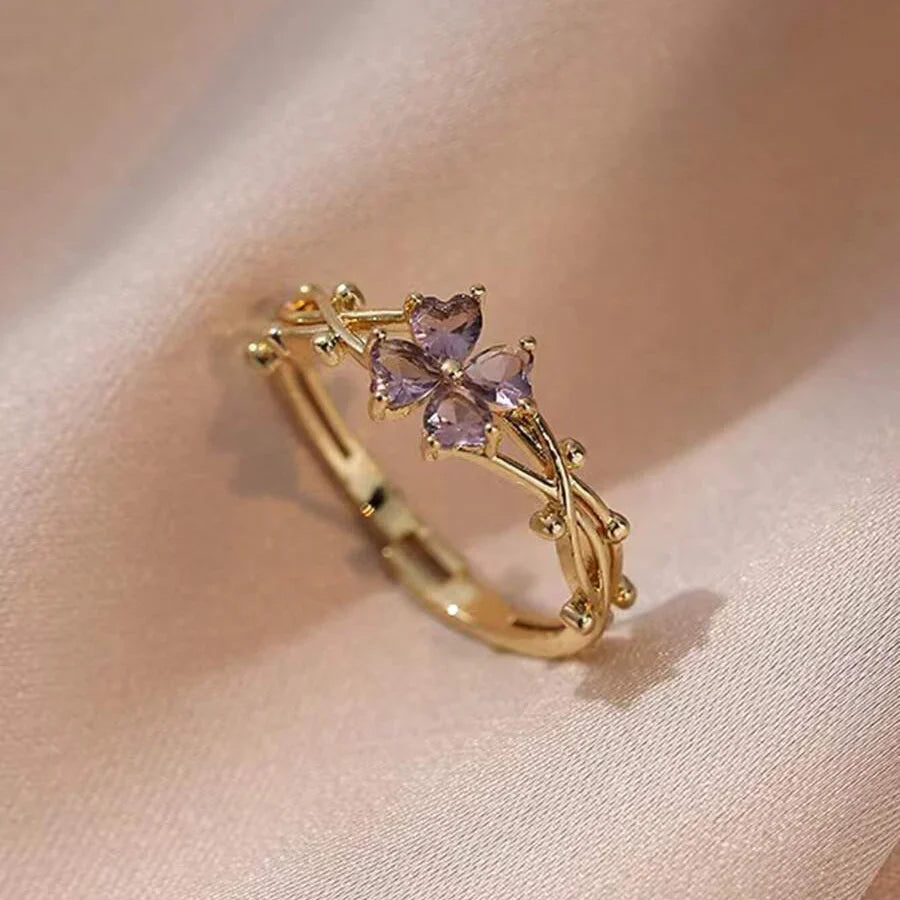 Anel aberto elegante roxo de trevo de quatro folhas com zircônia