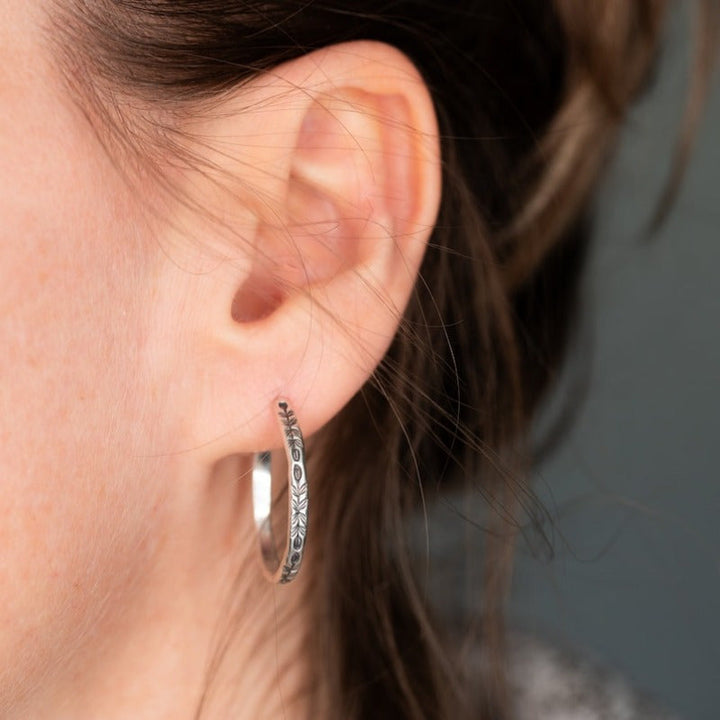 Vintage Botanical Bloom Engraved Silver Hoop Earrings