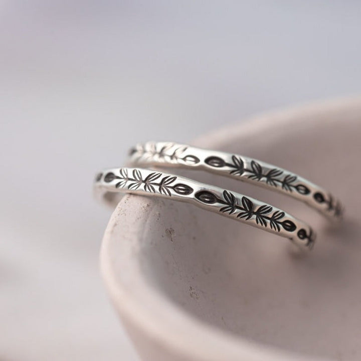 Vintage Botanical Bloom Engraved Silver Hoop Earrings