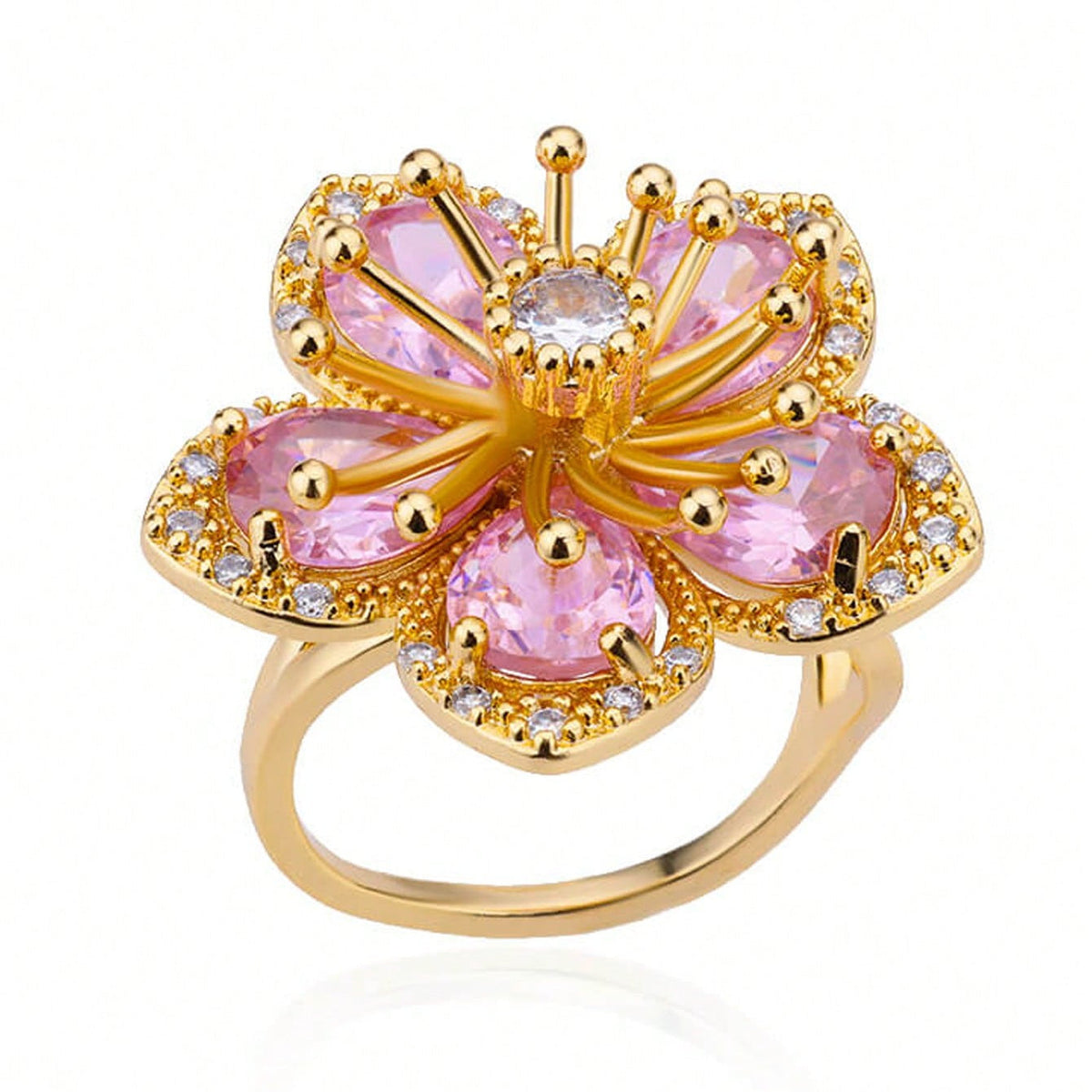 Anel elegante com flor de zircónias cor-de-rosa e banho de ouro