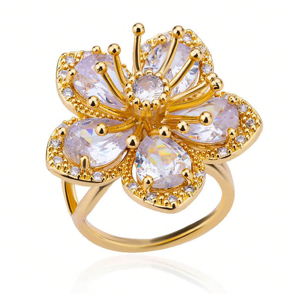Anel elegante com flor de zircónias cor-de-rosa e banho de ouro