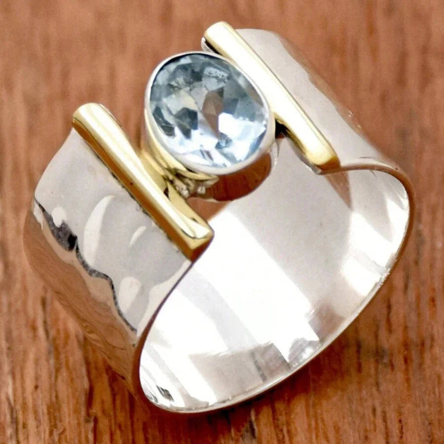 Anel retro elegante banhado a prata com zircónias cúbicas azuis