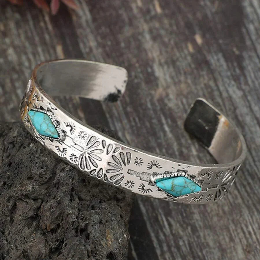 Vintage Bohemian Western Totem Engraved Inlaid Turquoise Bracelet