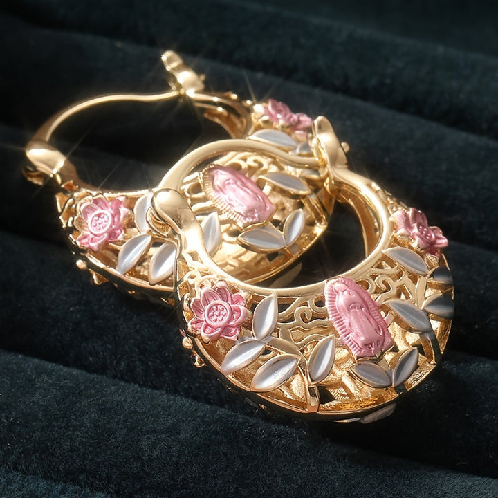 Vintage Boho Pink Floral Gold Plated Hoop Earrings