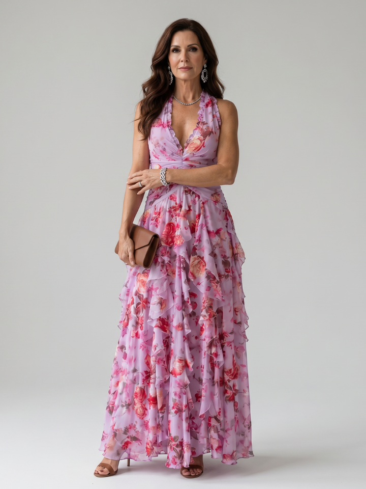 Nori | Vestido maxi con cuello halter, corpiño fruncido y estampado floral