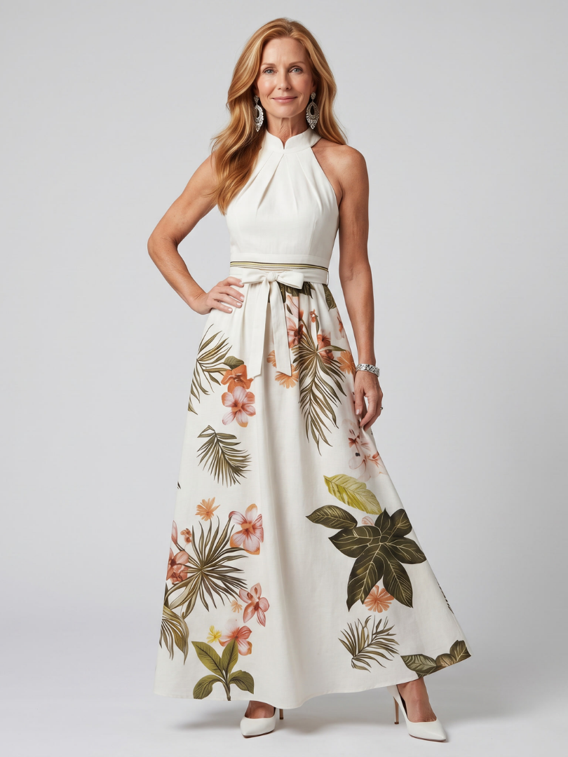 Meadow | Vestido maxi drapeado com decote halter e painel botânico