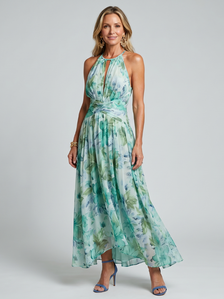 Portia | Vestido Midi Plissado Halter com Estampa Floral Suave