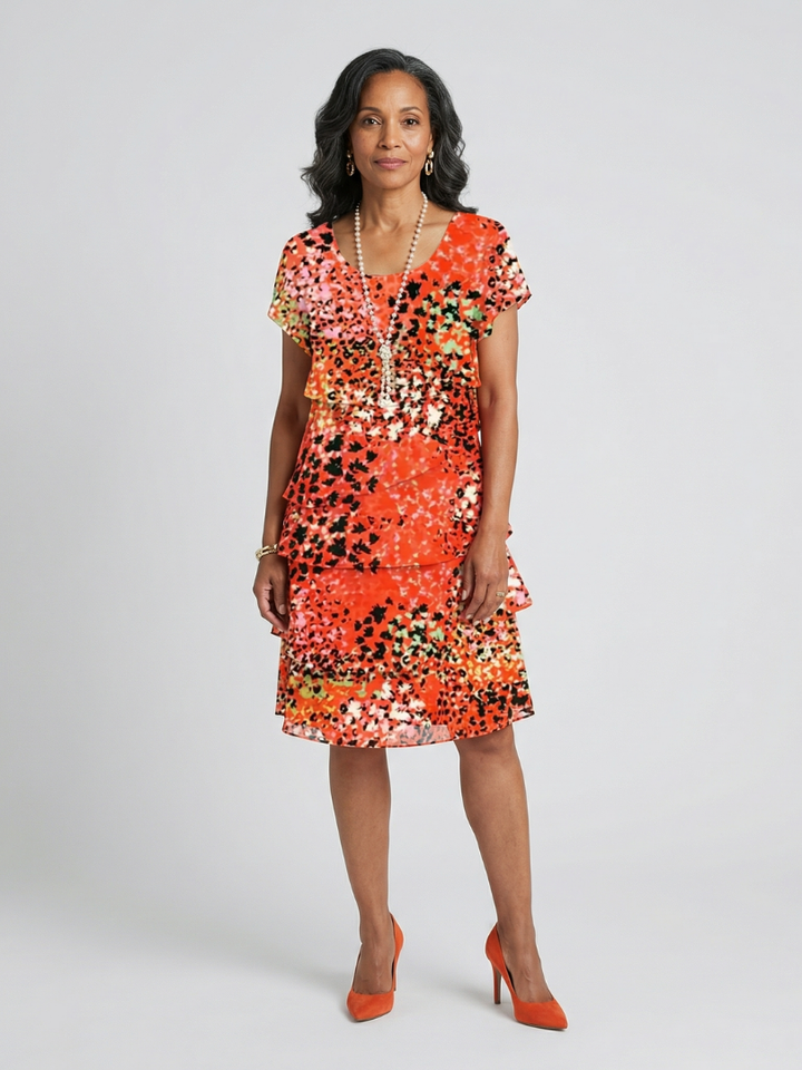 Evania | Vestido com Camadas e Estampa Pontilhada até o Joelho
