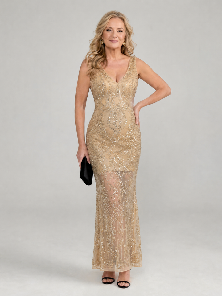Sirea | Vestido midi sin mangas con panel transparente y lentejuelas