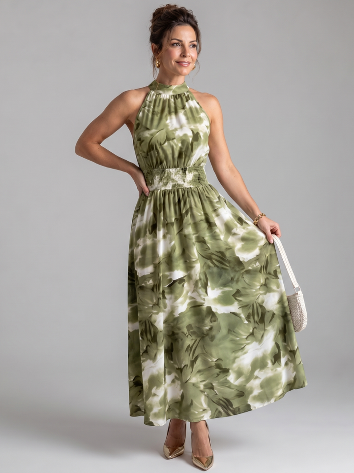 Olivia | Vestido Midi com Cintura Franzida e Estampa Abstrata