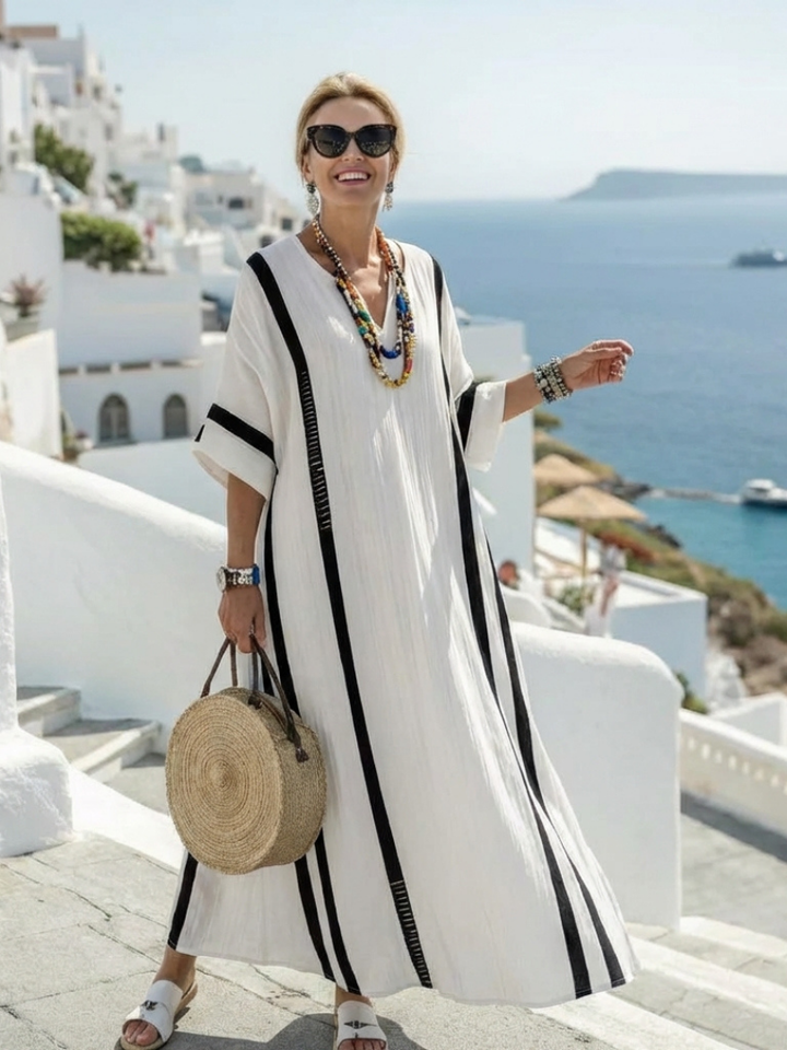 Elvienne | Vestido maxi a rayas con bloques de color y manga corta