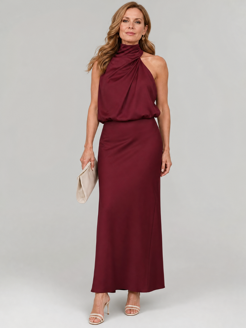 Nopal | Vestido midi sem mangas com decote drapeado