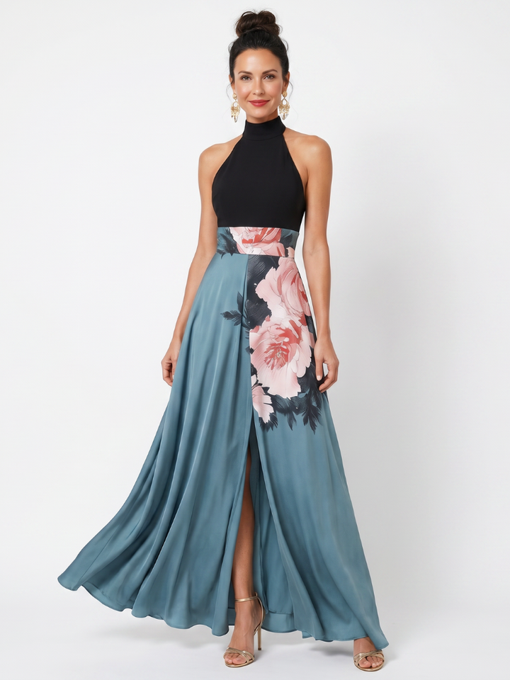 Olympas | Vestido maxi con corpiño halter y falda floral