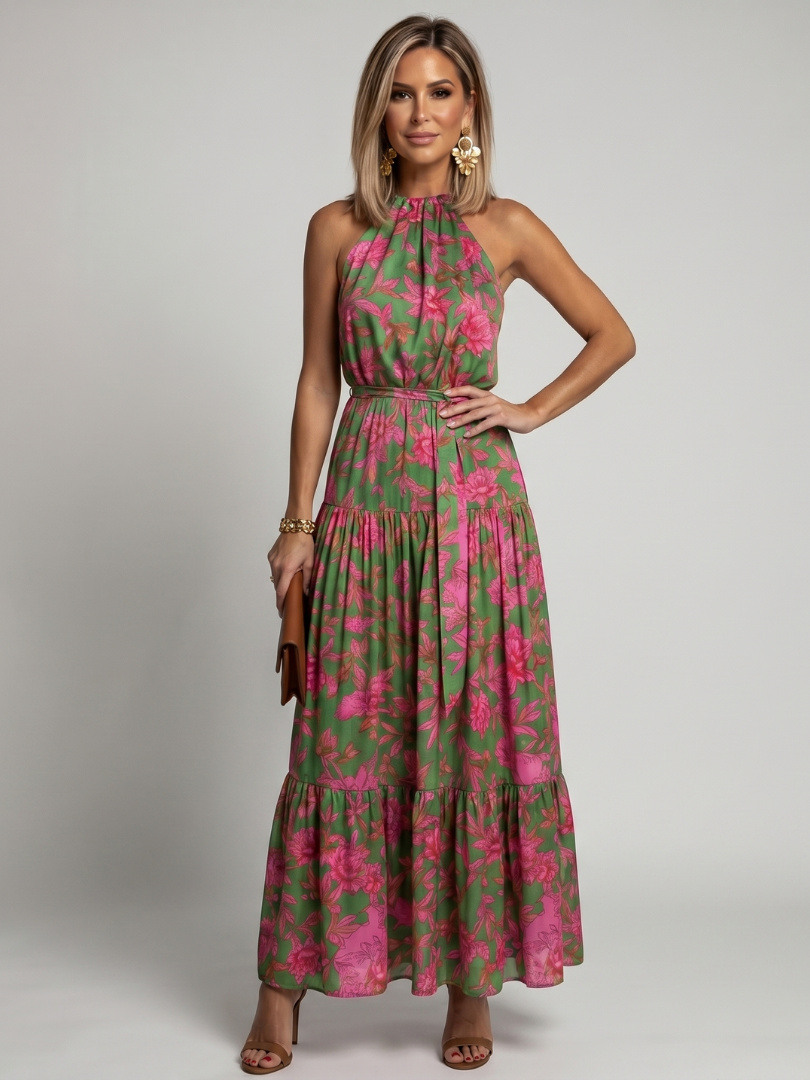 Rowen | Vestido midi drapeado com decote halter