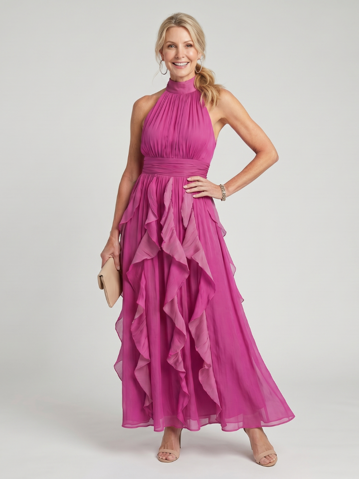 Orea | Vestido maxi con cuello alto, volantes fruncidos y capas