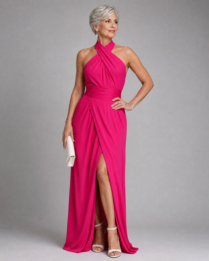 Vaelora | Vestido midi con abertura lateral y cuello halter cruzado drapeado