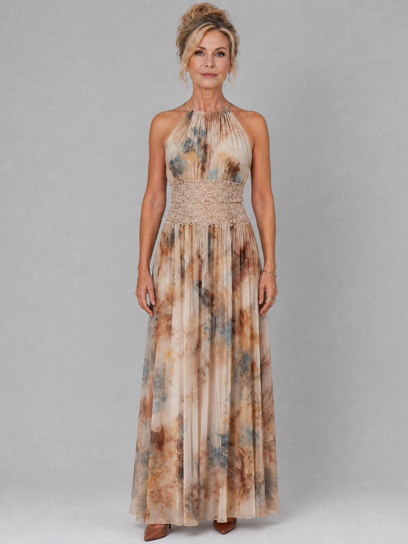 Elavenue | Vestido maxi de renda com decote halter e cintura marcada
