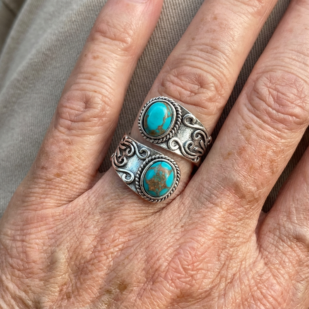 Elegante anillo de banda vintage con cruz y turquesa