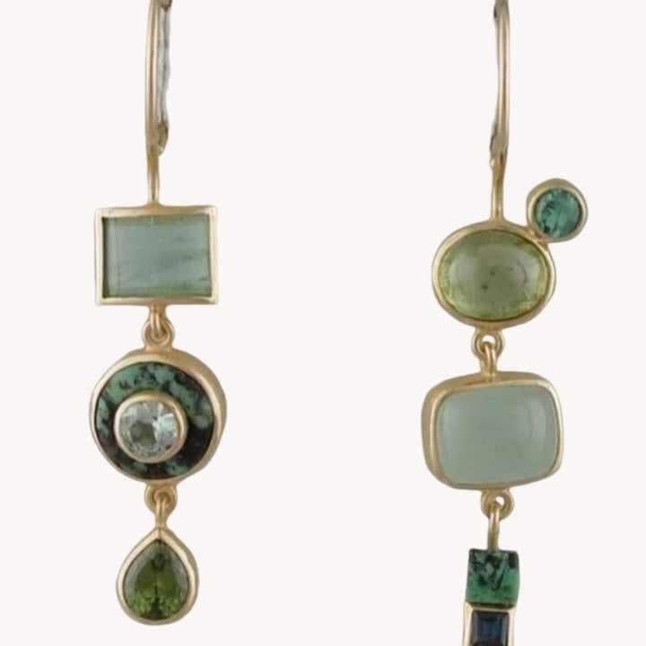 Vintage Geometric Green Stone Gold Drop Earrings