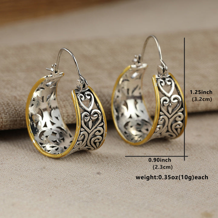 Vintage Two-Tone Hand Carved Bohemian Hoop Earrings