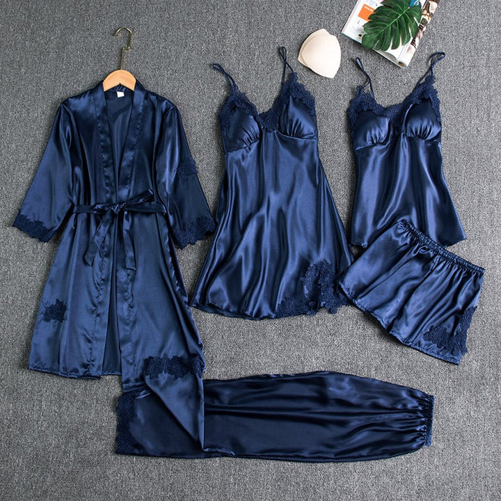 Rebecca | Conjunto de ropa de dormir de 5 piezas de seda con encaje