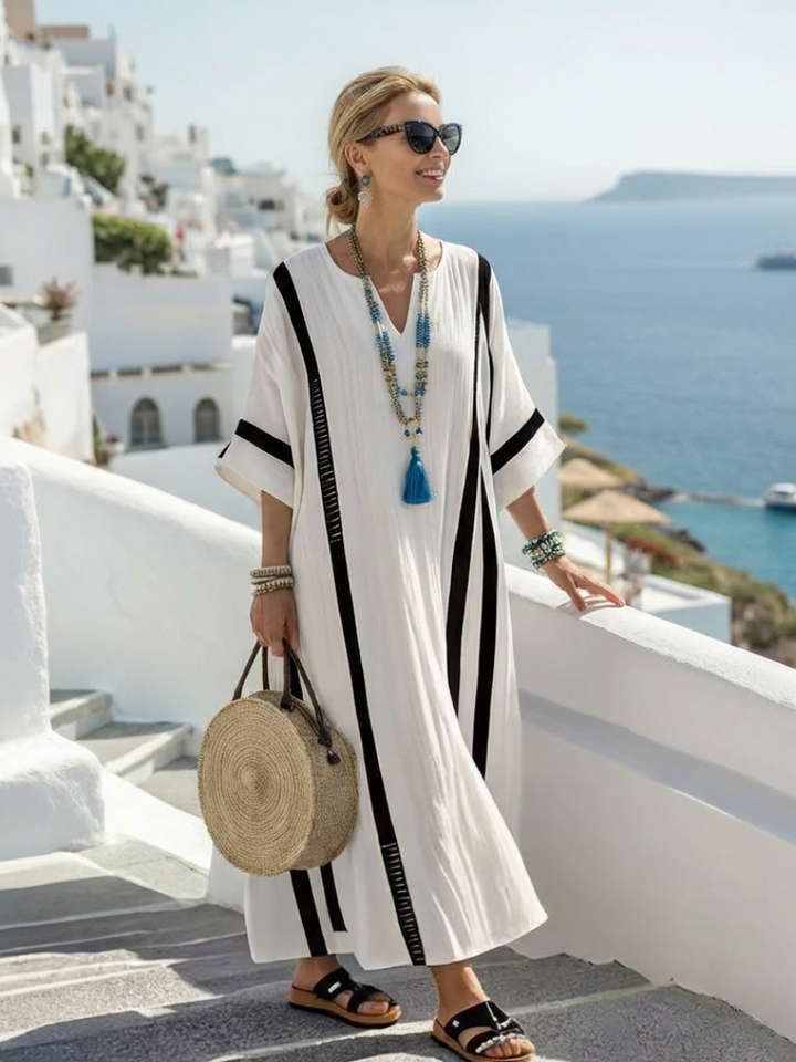 Elvienne | Vestido maxi a rayas con bloques de color y manga corta