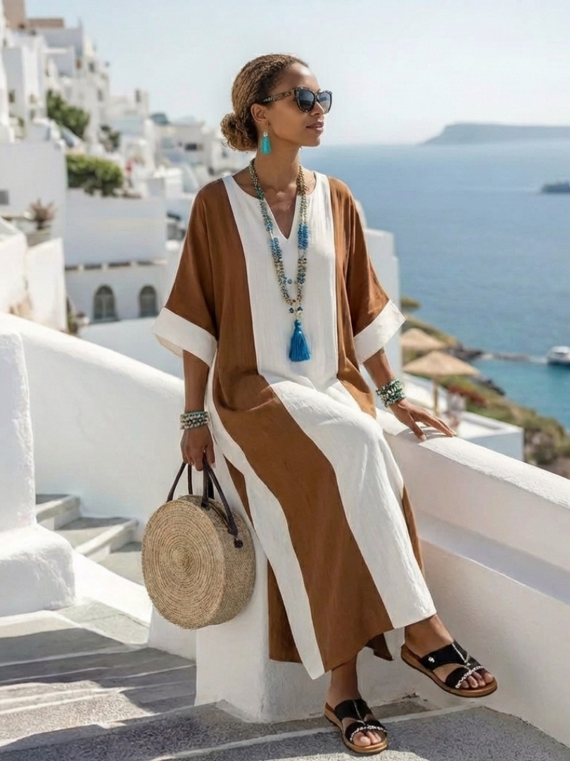Calindra | Vestido maxi relajado con bloques de color y manga corta