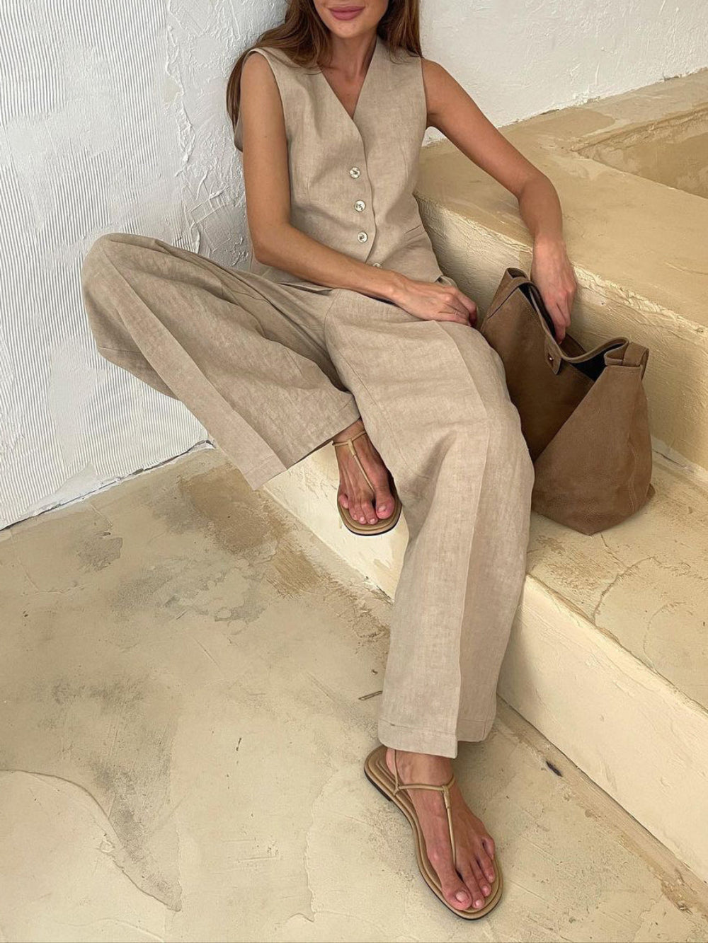 Conjunto de calça pantalona plissada com decote em V Lila