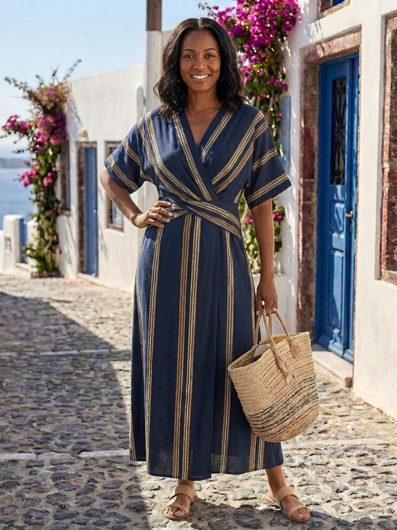 Saphira | Vestido Midi Cruzado a Rayas con Cuello en V y Manga Corta
