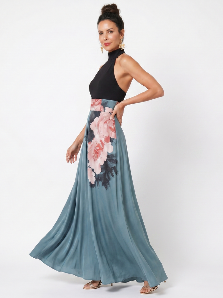 Olympas | Vestido maxi con corpiño halter y falda floral