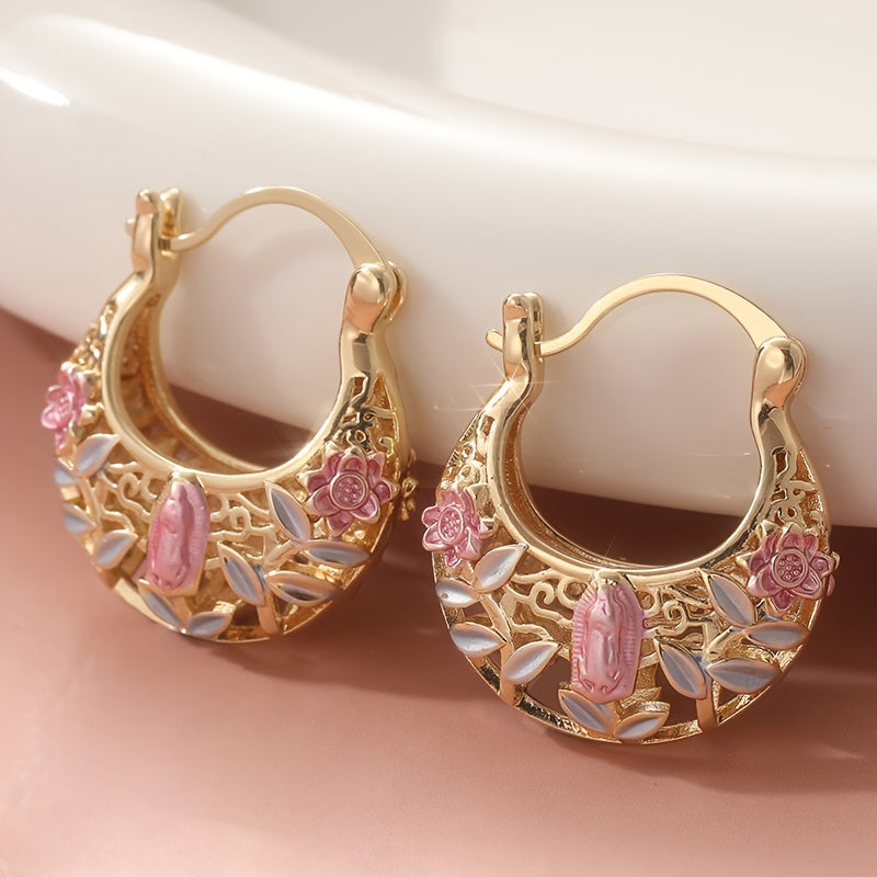 Vintage Boho Pink Floral Gold Plated Hoop Earrings